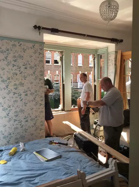 New double glazed sash windows in West London, men at work