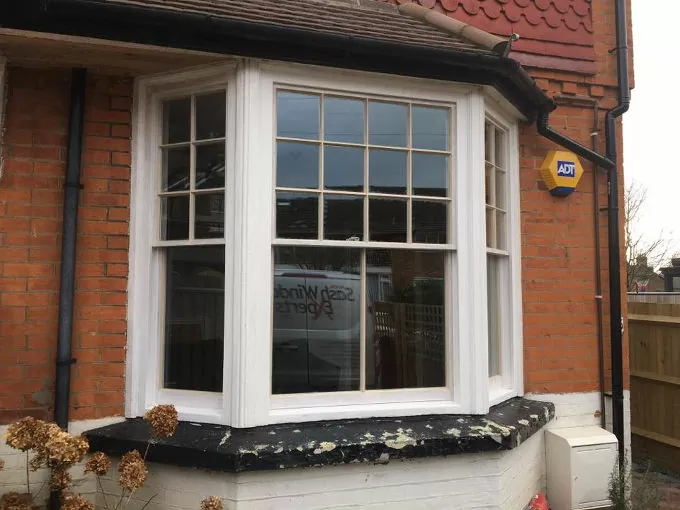 Hardwood double glazed sash bay in Reigate 2