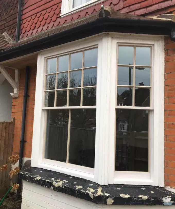Hardwood double glazed sash bay in Reigate 4